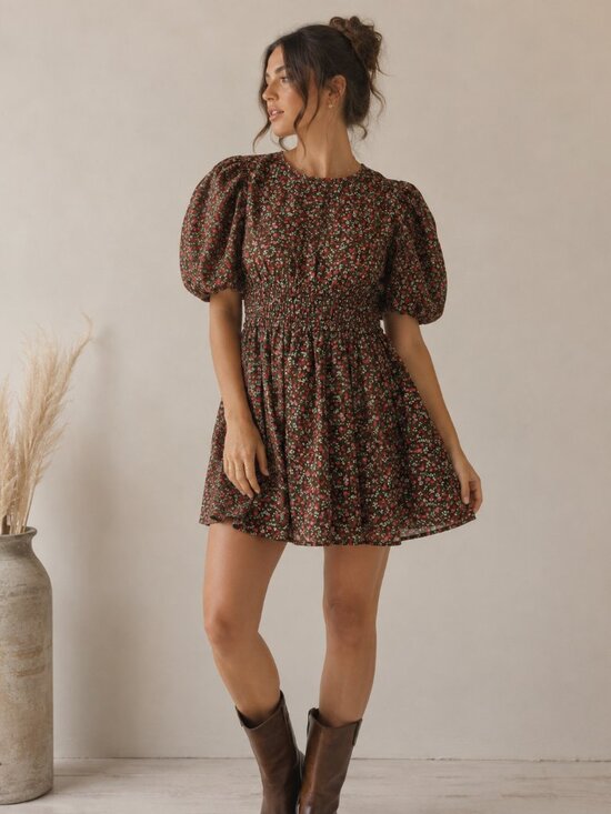 Free People Dresses & Skirts - Free People Pennie Mini Dress in Brown Floral Combo - Size Large
